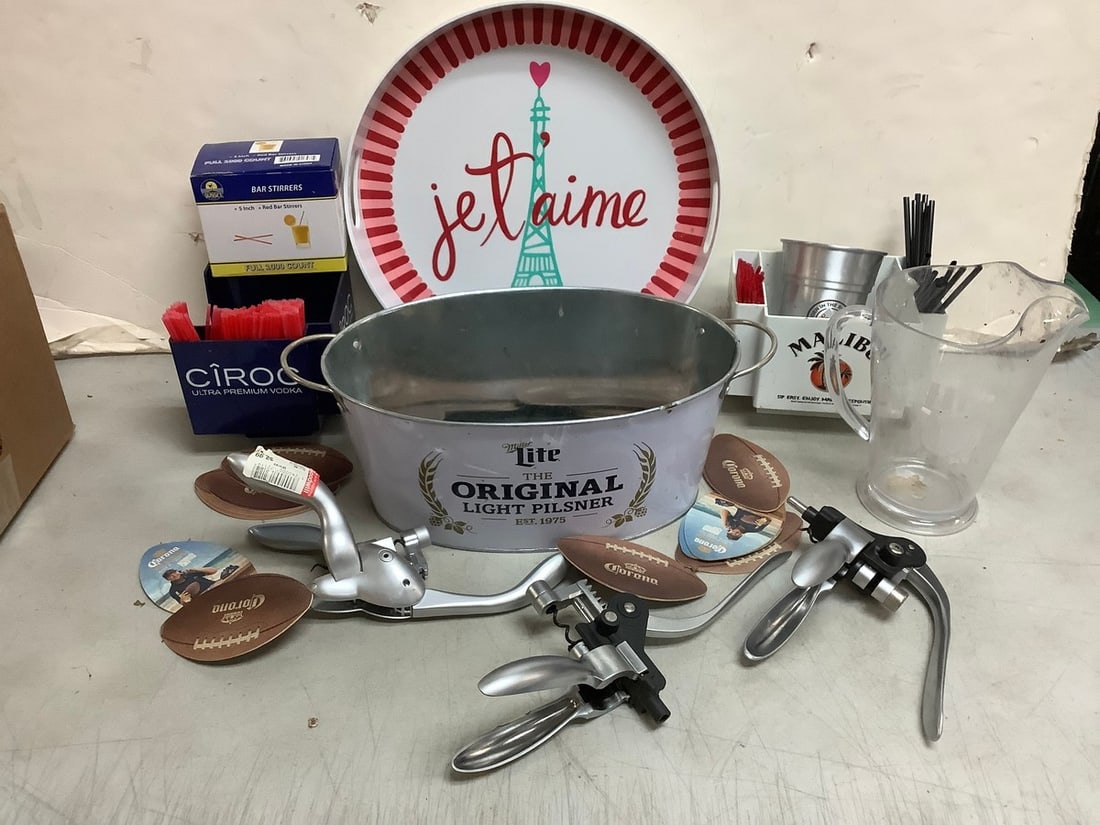 Plastic Pitcher (9.25in Tall), Bottle Openers, Coasters, Serving Tray, and more: Plastic Pitcher (9.25in Tall), Bottle Openers, Coasters, Serving Tray, and more