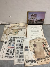Vintage stamp album and Shore Point motel photograph(8in.x10in.)