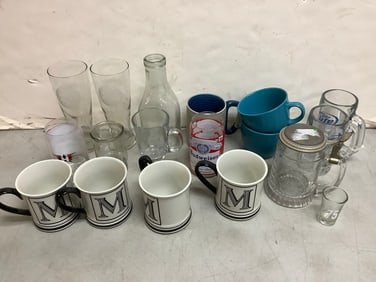 Glass beer mugs, ceramic mugs, and more(tallest 9in.)