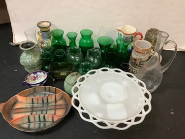 Decorative vases, glass pitcher(12in.tall), serving tray stand, and more