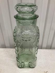 Himark Enterprises made in Spain green glass canister with lid 14 inches tall