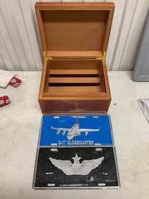 Wooden hemedore cigar box and lot of 2 US military collecter plates