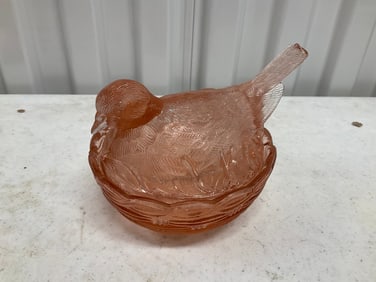 Pen covered depression glass dish 6x3