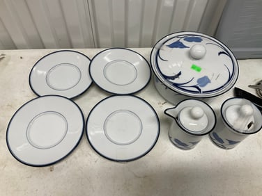 Danks dessert plates, cream and sugar and covered dish