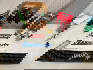 Lot of 6 full and empty collective beer bottles with holder, bar mat and more