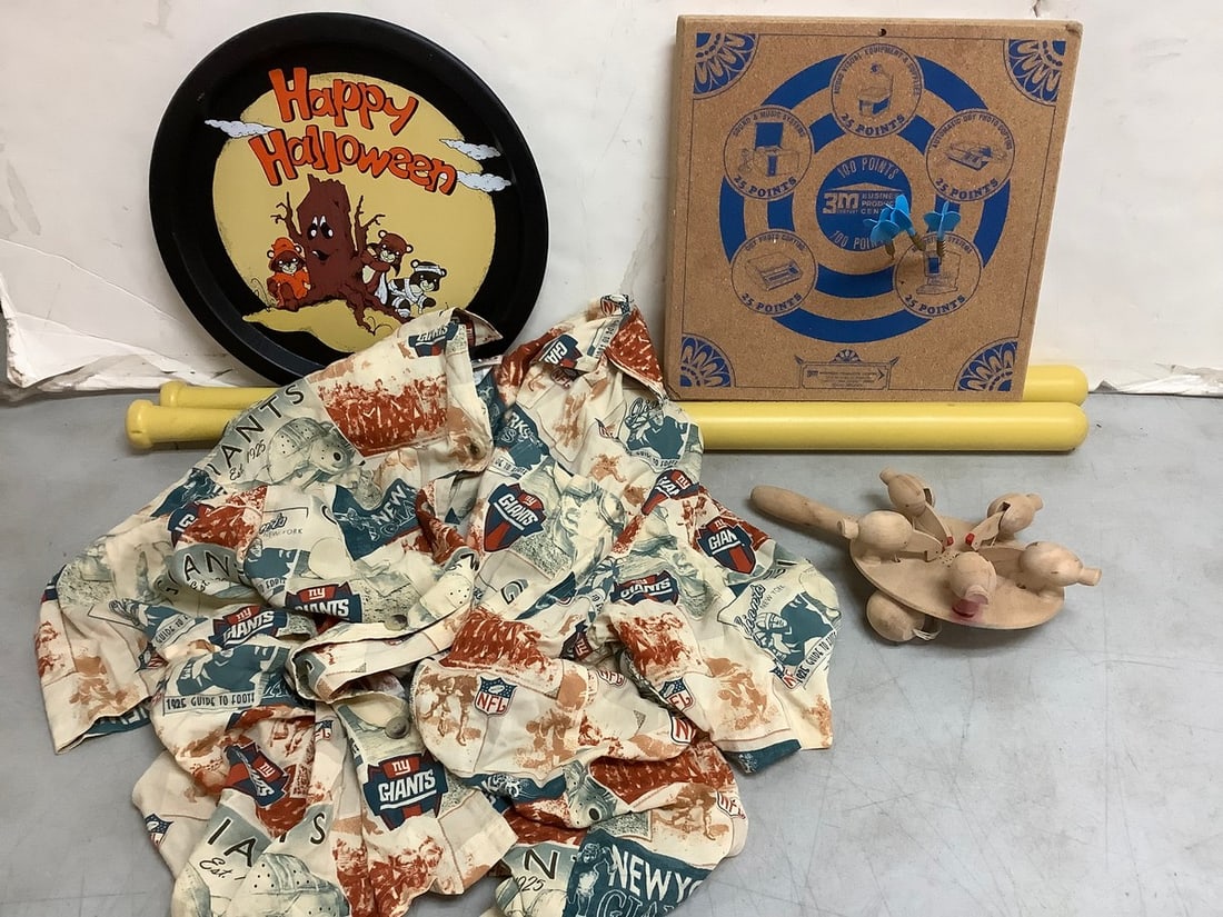 Vintage 1990's wiffle ball bats, Vintage Halloween House of Lloyd trays, 3M Company promo cork dart
