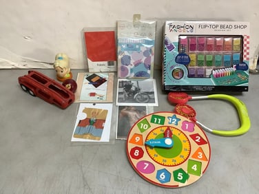 Melissa & Doug Shape sorting clock, Fashion Angels flip top beading set, necklace fan, and more