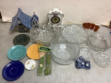 Various Crystal Bowls, Plates, Ceramic Bird House Decor (8in Tall), Ceramic Clock, Miniature Tea Set