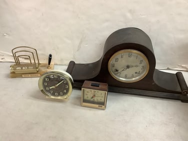 Various clocks and desk calendar/pen holder(9in.tallest)