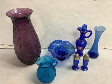 Glass vases(amethyst-slightly chipped), pitcher, decanter, and more(12.25in.tall)