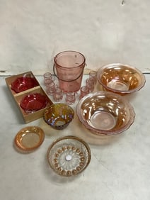 Pink ice bucket(6in.tall)/shot glasses set and various glass bowls