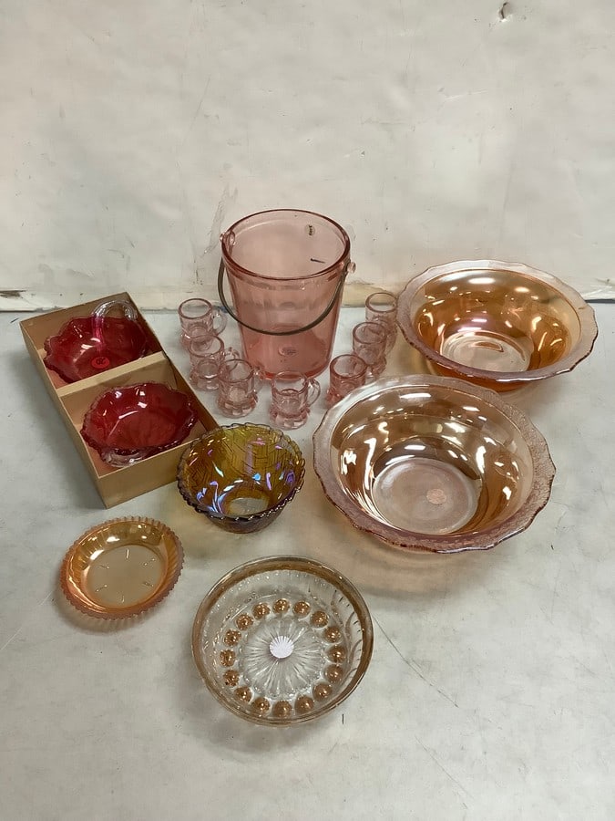 Pink ice bucket(6in.tall)/shot glasses set and various glass bowls: Pink ice bucket(6in.tall)/shot glasses set and various glass bowls