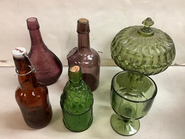 Vintage glass bottles , candy bowl with lid, and more(tallest 10.5in.)