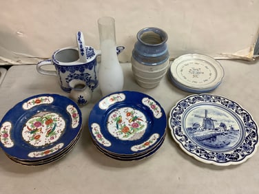 Blue transfer decorative plate/ceramic watering can(8.75in.tall), vase, and more