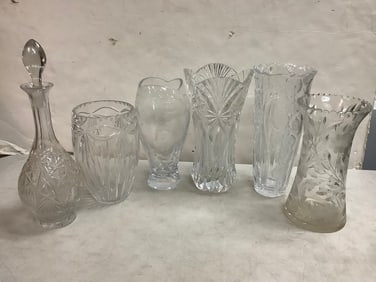 Various Crystal Glass Vases and Decanter (Tallest - 15in)