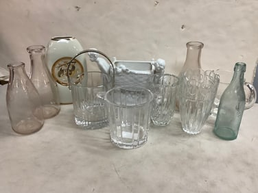 Various Glass Bottles, Vases, Basket, Pitcher and more(Tallest - 10.25in)