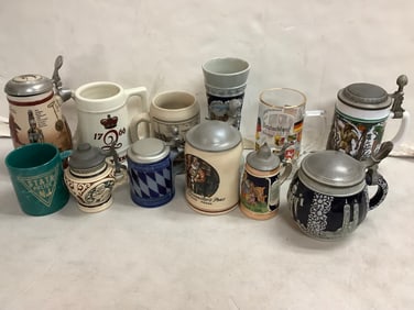 Decorative steins, State Police NJ mug, and beer mugs(tallest 8in.)
