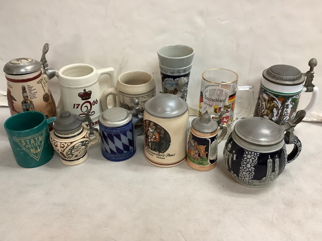 Decorative steins, State Police NJ mug, and beer mugs(tallest 8in.): Decorative steins, State Police NJ mug, and beer mugs(tallest 8in.)