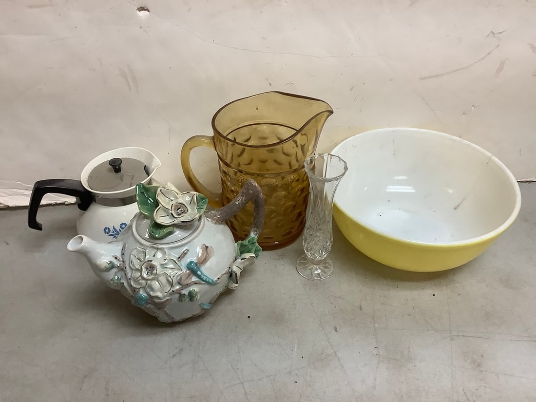 Pyrex Mixing Bowl, Glass Pitcher(8in Tall) and Vase, Ceramic Teapot, and more (1 of 1)