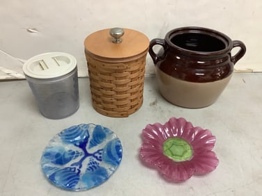 Stoneware jug, glass plate, and more(tallest 7.5in.)
