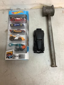 HotWheels set, vintage mallet(12in.long), and cast iron car