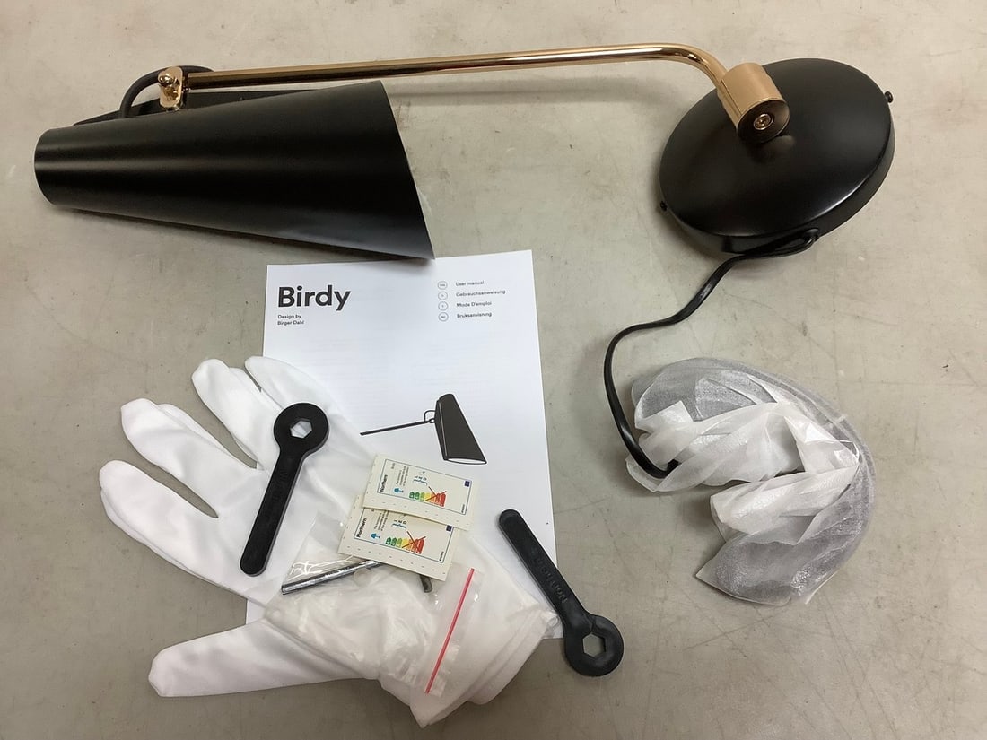 Birdy Global Lighting black/brass light fixture with gloves and manual(brand new): Birdy Global Lighting black/brass light fixture with gloves and manual(brand new)
