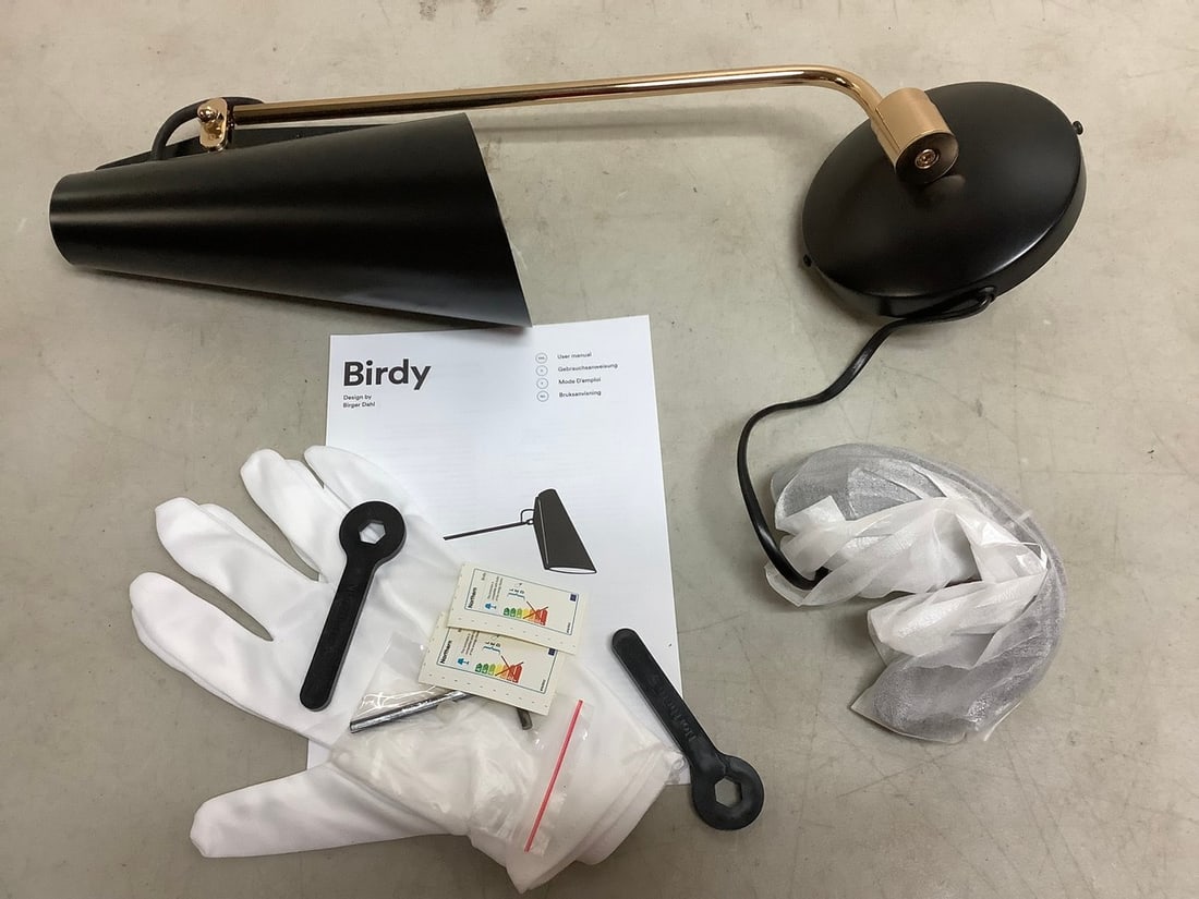 Birdy Global Lighting black/brass light fixture with gloves and manual(brand new): Birdy Global Lighting black/brass light fixture with gloves and manual(brand new)