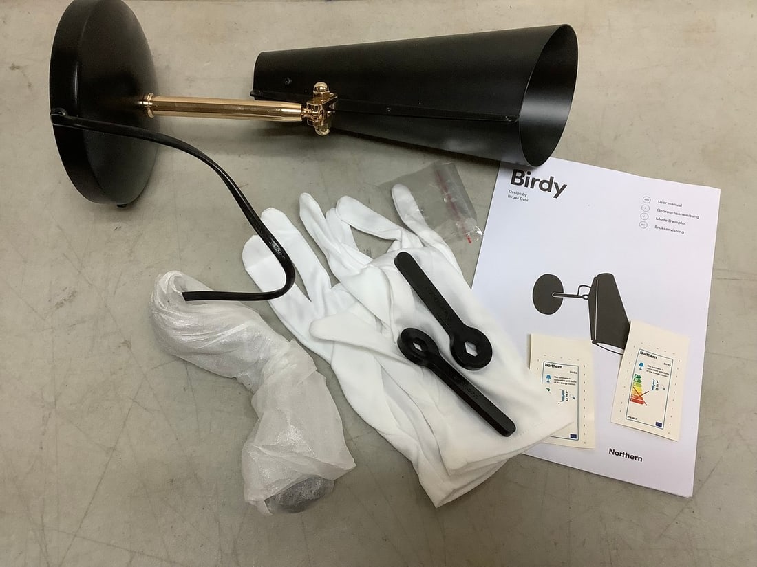 Birdy Global Lighting black/brass light fixture with gloves and manual(brand new): Birdy Global Lighting black/brass light fixture with gloves and manual(brand new)