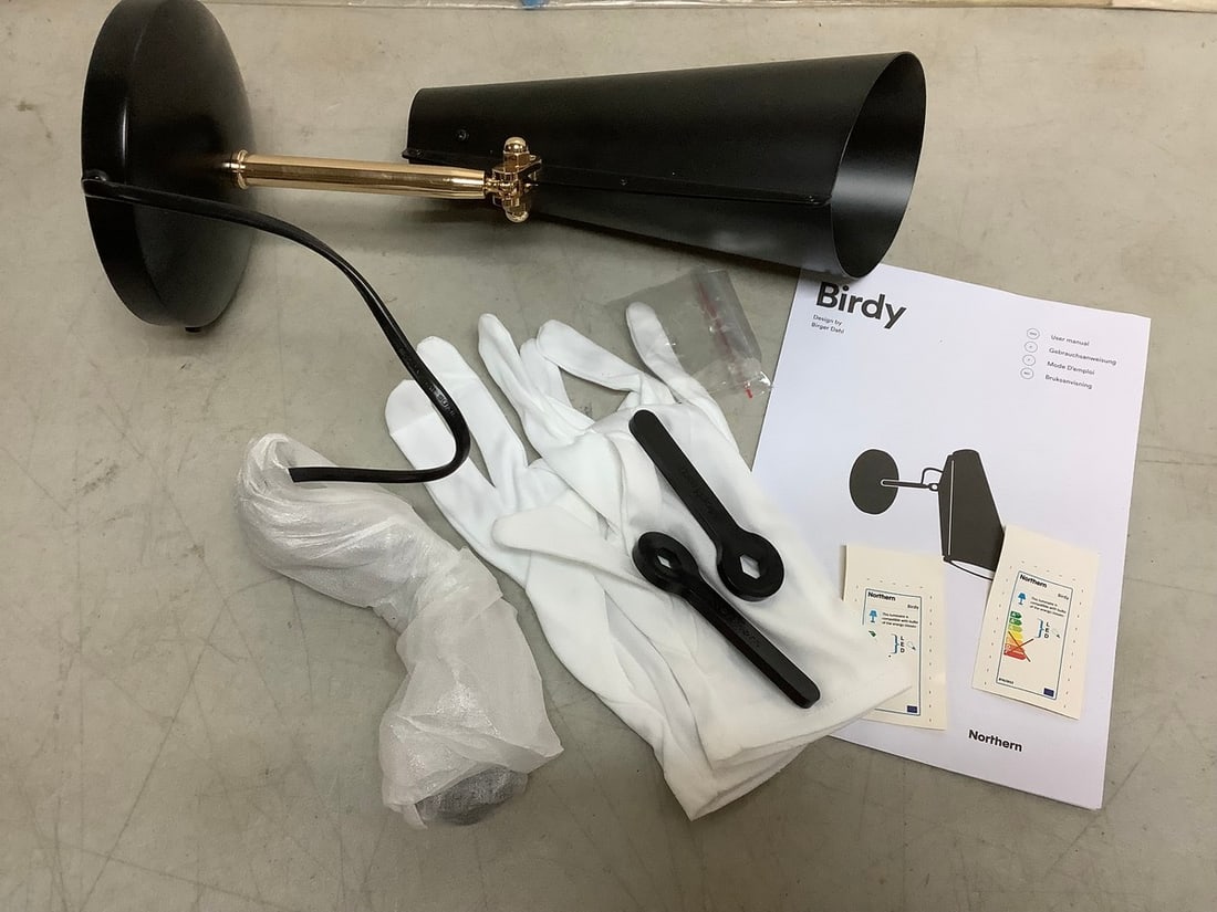 Birdy Global Lighting black/brass light fixture with gloves and manual(brand new): Birdy Global Lighting black/brass light fixture with gloves and manual(brand new)