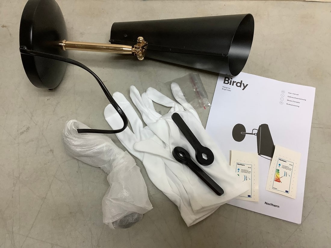 Birdy Global Lighting black/brass light fixture with gloves and manual(brand new): Birdy Global Lighting black/brass light fixture with gloves and manual(brand new)