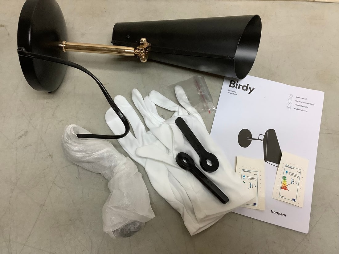 Birdy Global Lighting black/brass light fixture with gloves and manual(brand new): Birdy Global Lighting black/brass light fixture with gloves and manual(brand new)