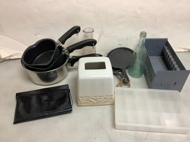 Glass Bottles, Various Pots/Pans, Ceramic Napkin Holder, and more (Tallest - 9.5in)