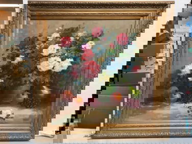 Framed Floral and Fruit Painting - Signed Rosso (38.5inx38.5in)
