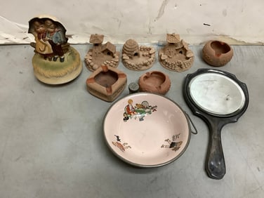 Vintage Mirror, Ceramic Musical Statue (7in Tall), Ashtrays, and more