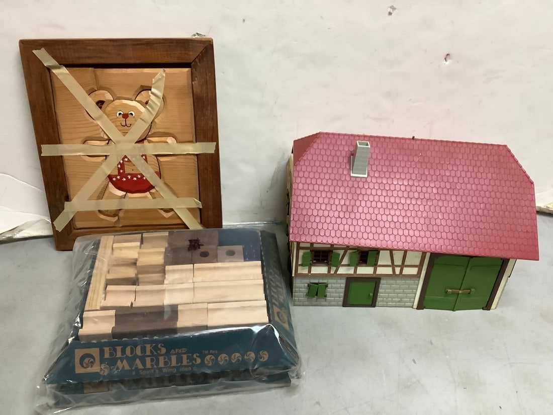 Vintage Plastic House (10in Tall), Blocks and Marbles Game, Wooden Puzzle (1 of 1)