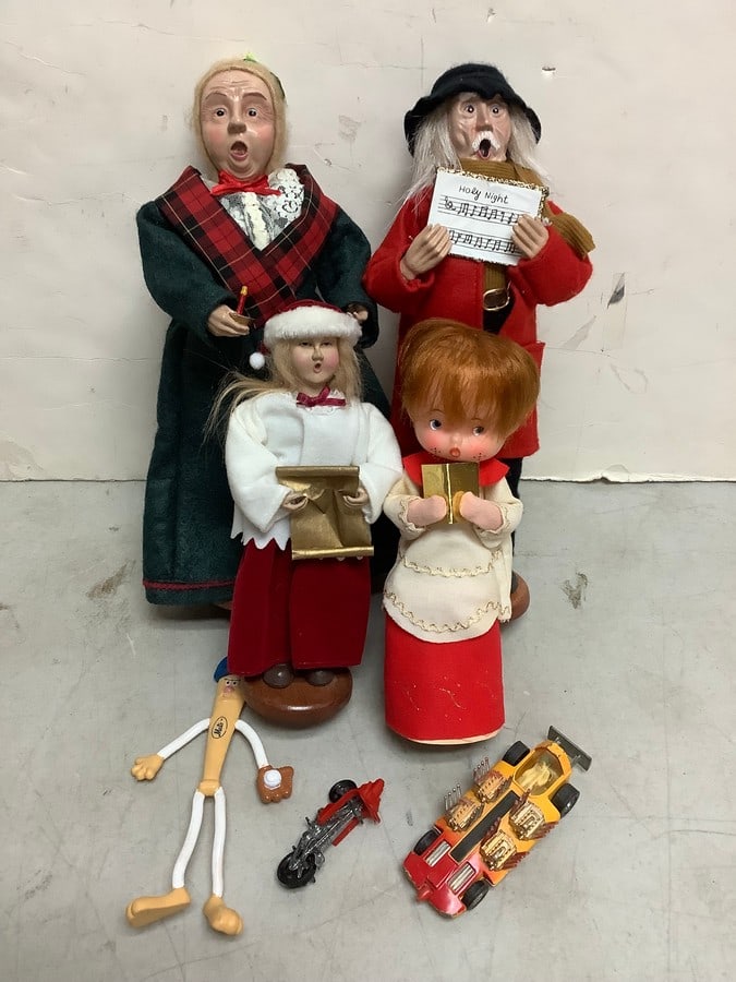Christmas statues(12.5in.tallest)and vintage toys: Christmas statues(12.5in.tallest)and vintage toys