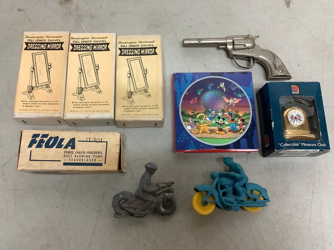 Vintage toy gun, antique miniature dresssing mirrors, collectible miniature Mickey clock, and more: Vintage toy gun, antique miniature dresssing mirrors, collectible miniature Mickey clock, and more