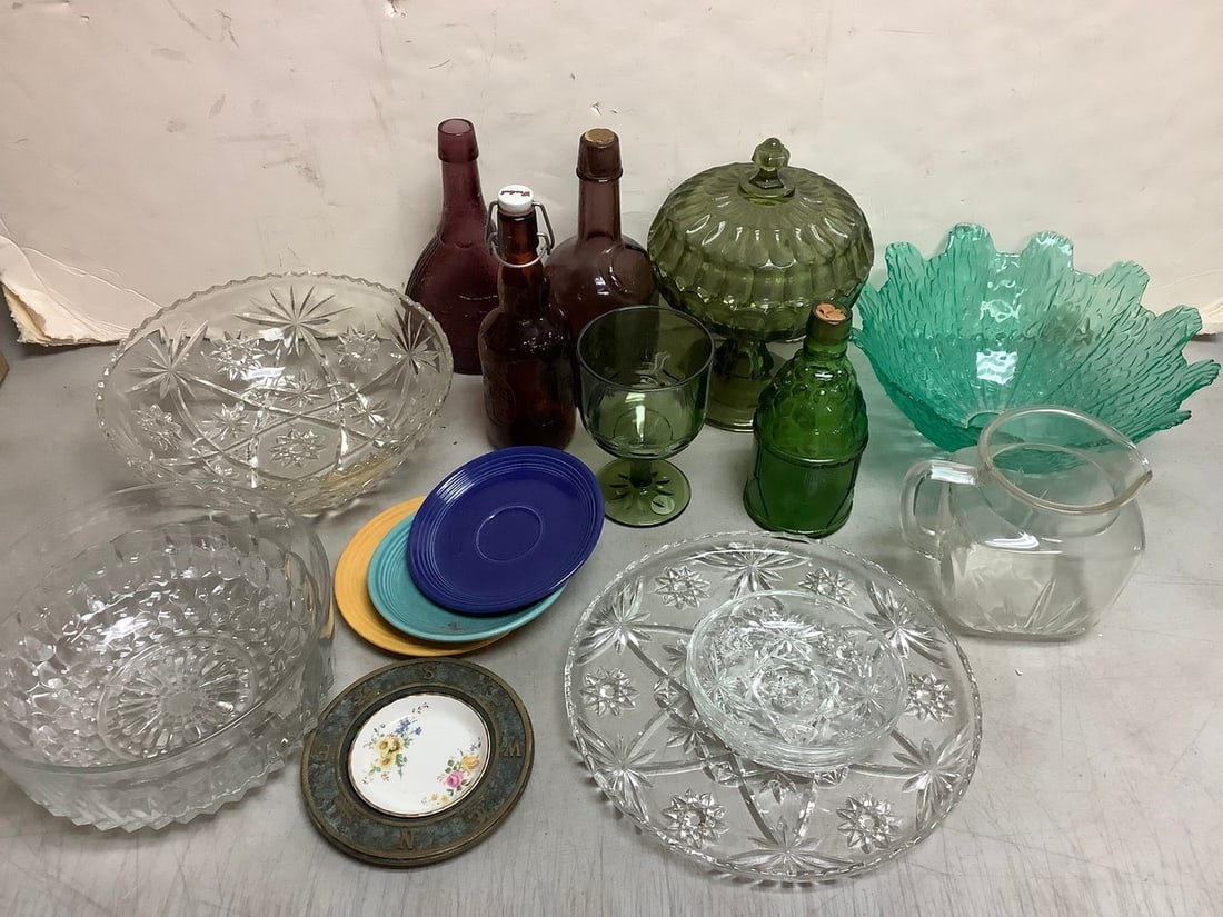 Vintage glass bottles, decorative glass bowls, and more(tallest 9.5in.): Vintage glass bottles, decorative glass bowls, and more(tallest 9.5in.)