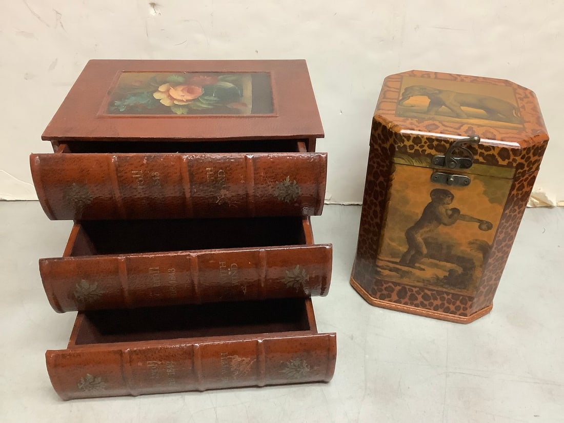 Decorative organizer box and 3 drawer book themed organizer(tallest 10.25in.) (1 of 1)