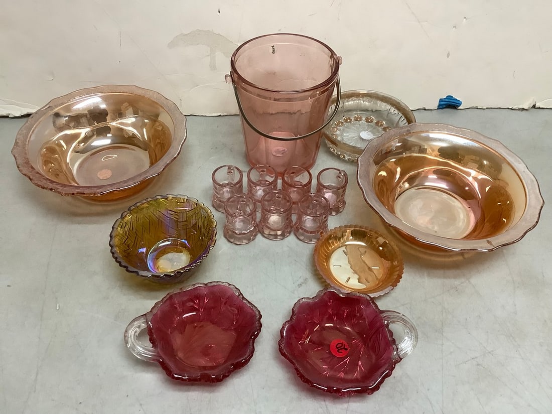 Glass Ice Bucket (6in tall) with Shot Glasses, Depression Glass Bowls and more: Glass Ice Bucket (6in tall) with Shot Glasses, Depression Glass Bowls and more