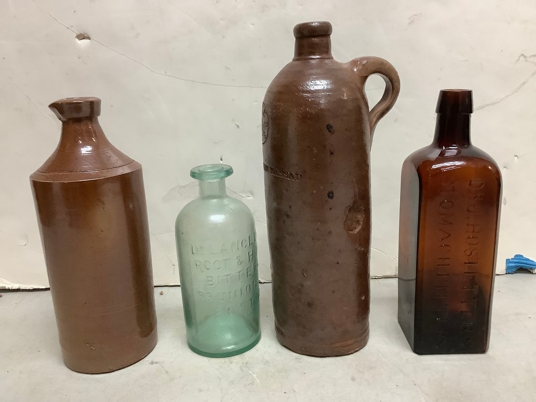 Vintage Glass Bottles and Stoneware Jugs (Tallest - 11.75in): Vintage Glass Bottles and Stoneware Jugs (Tallest - 11.75in)