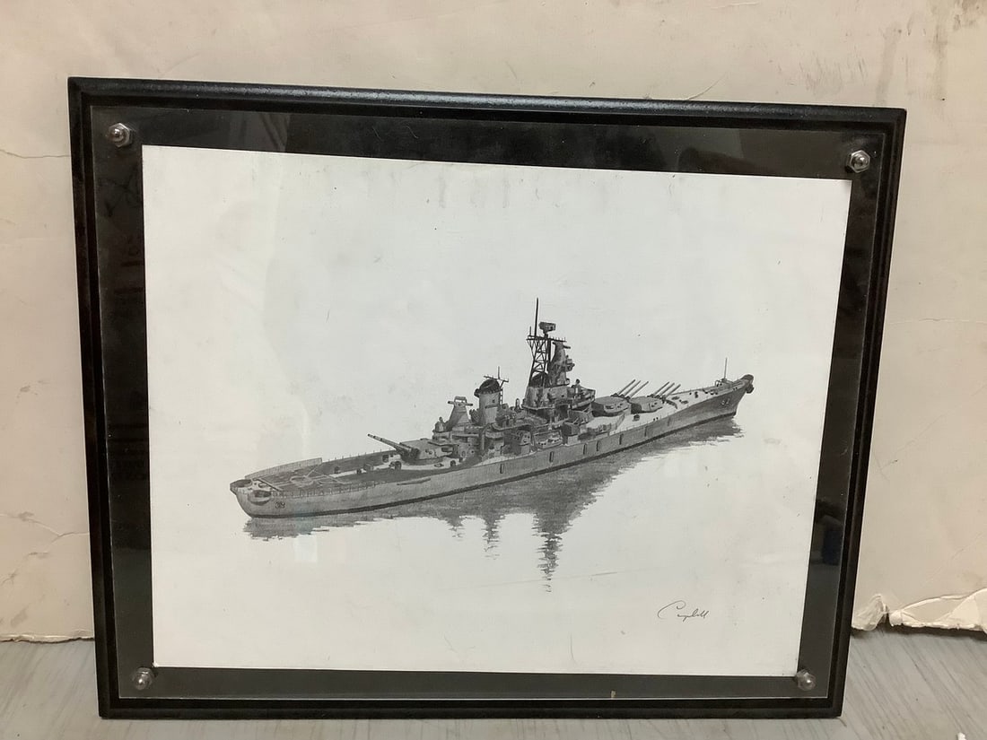Framed BB-62 USS New Jersey art print signed Campbell in pencil(10.5in.x13in.) (1 of 1)