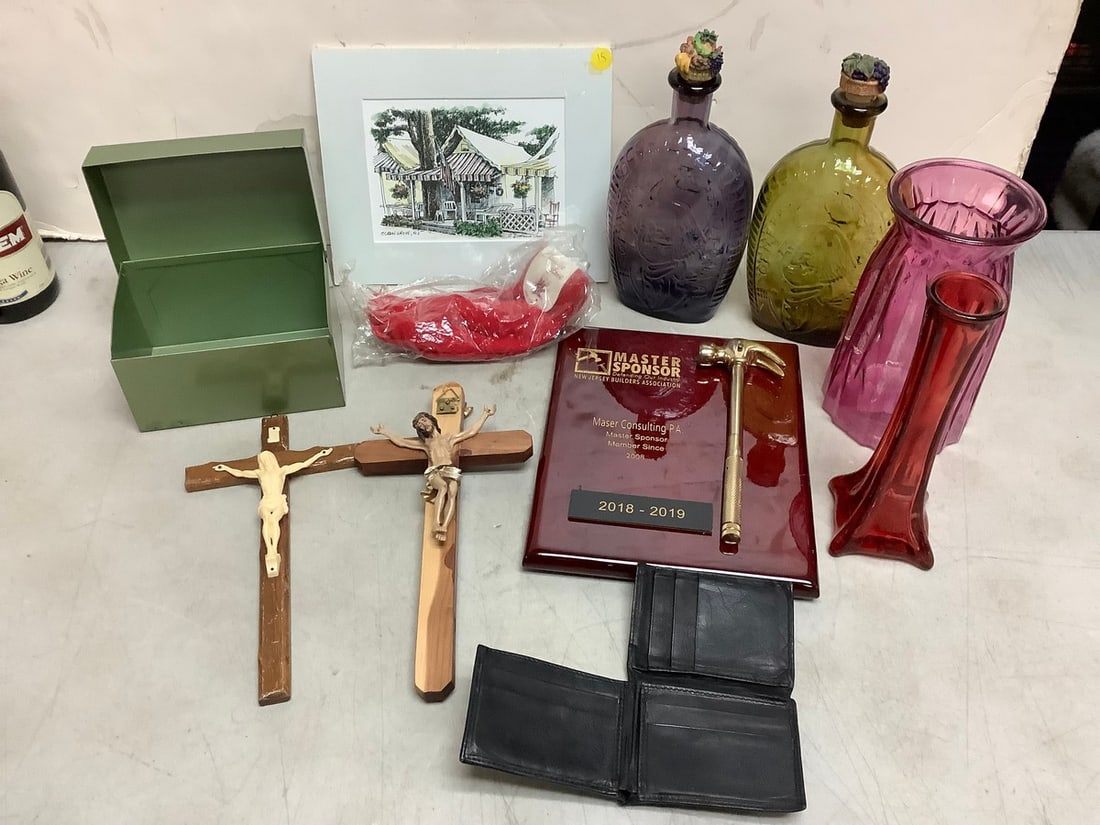 Religious Crosses, Glass Washington Decanters, Vases, Tin box and more (Tallest - 10.25in): Religious Crosses, Glass Washington Decanters, Vases, Tin box and more (Tallest - 10.25in)
