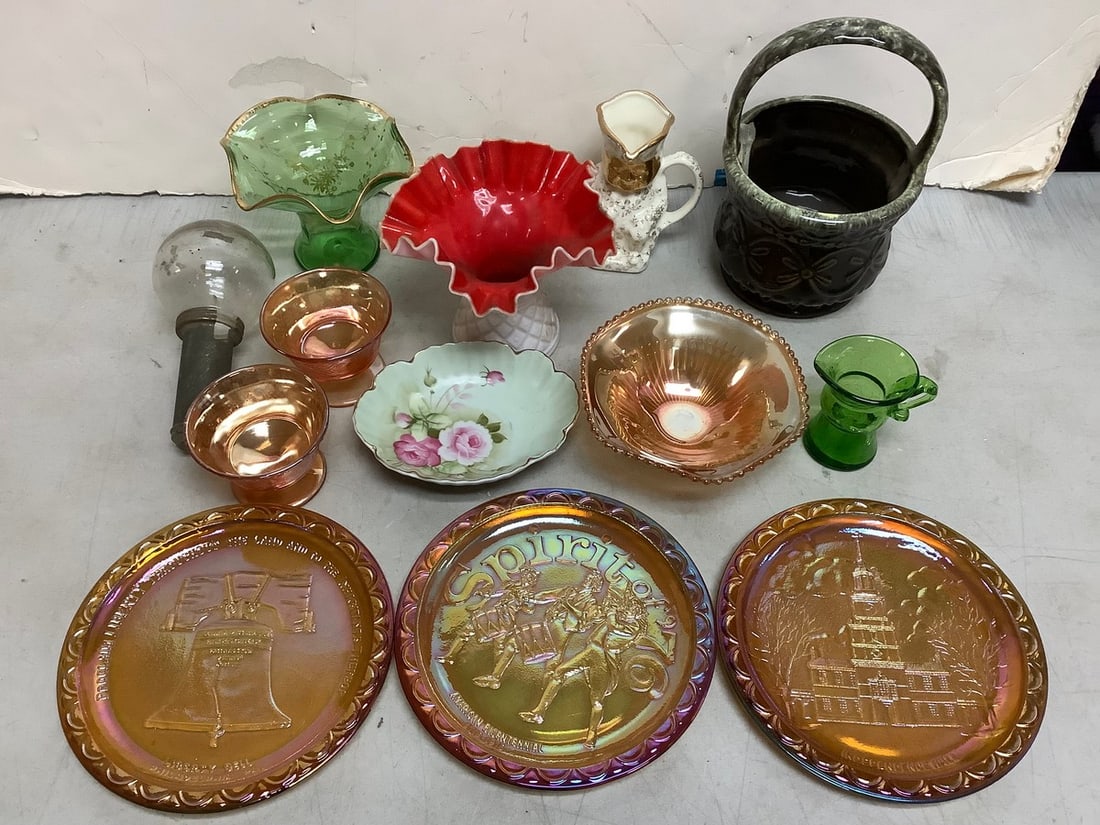 Depression Glass Plates, Cups, Ceramic Basket (9in Tall) and more (Hull, Lefton, etc): Depression Glass Plates, Cups, Ceramic Basket (9in Tall) and more (Hull, Lefton, etc)