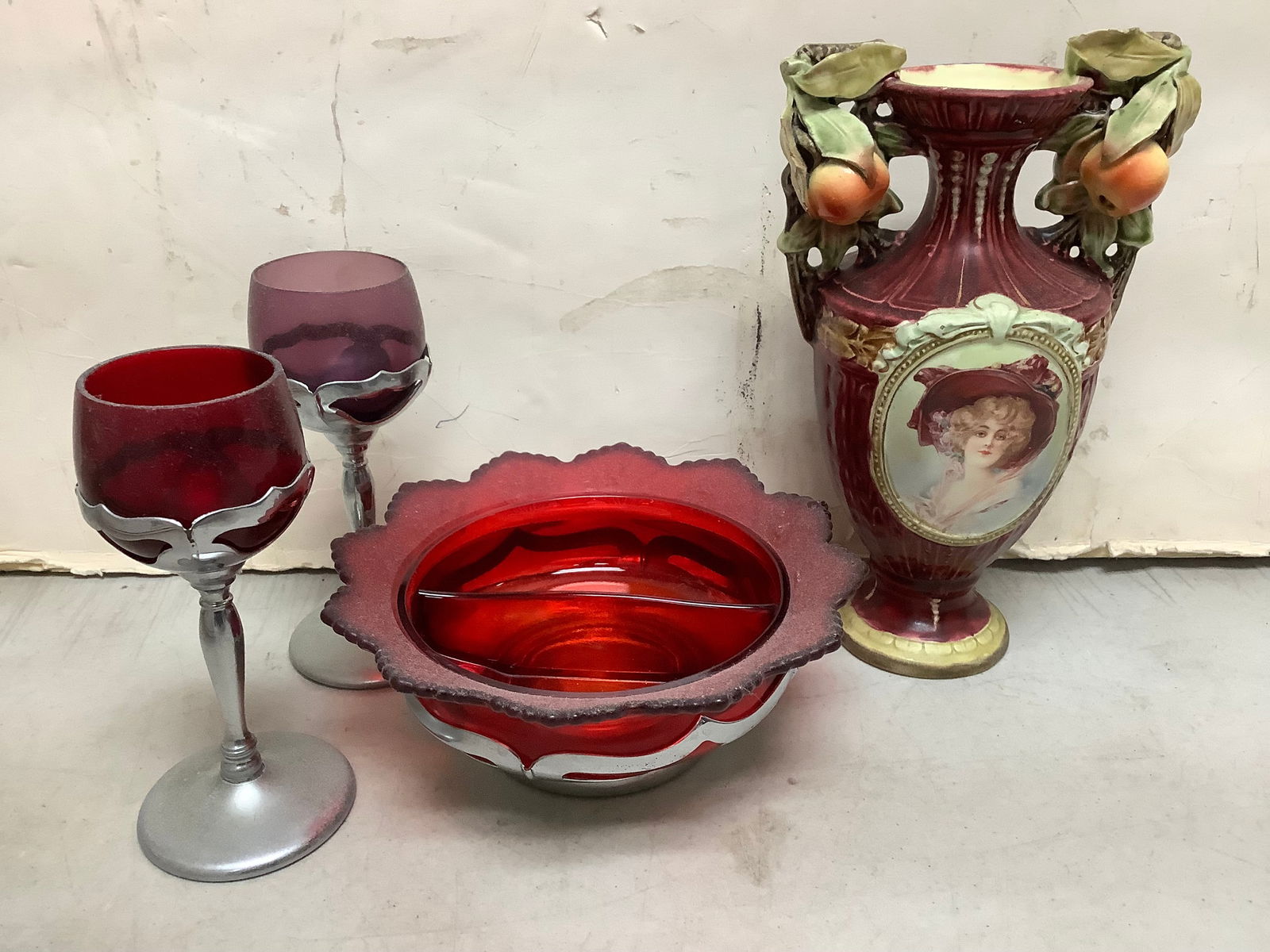 Glass Farber Cups, Partitioned Bowl, and RH Ceramic Vase, (Tallest - 9in): Glass Farber Cups, Partitioned Bowl, and RH Ceramic Vase, (Tallest - 9in)