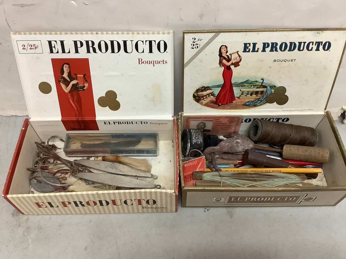 Vintage cigar boxes filled with fishing supplies (1 of 1)