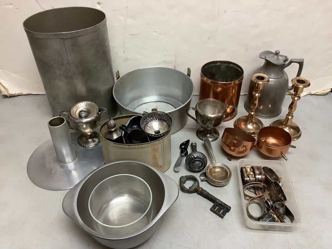 Malm brass candelhors, Stanley Insulating Co. pitcher, metal napkin ring holders, and more: Malm brass candelhors, Stanley Insulating Co. pitcher, metal napkin ring holders, and more
