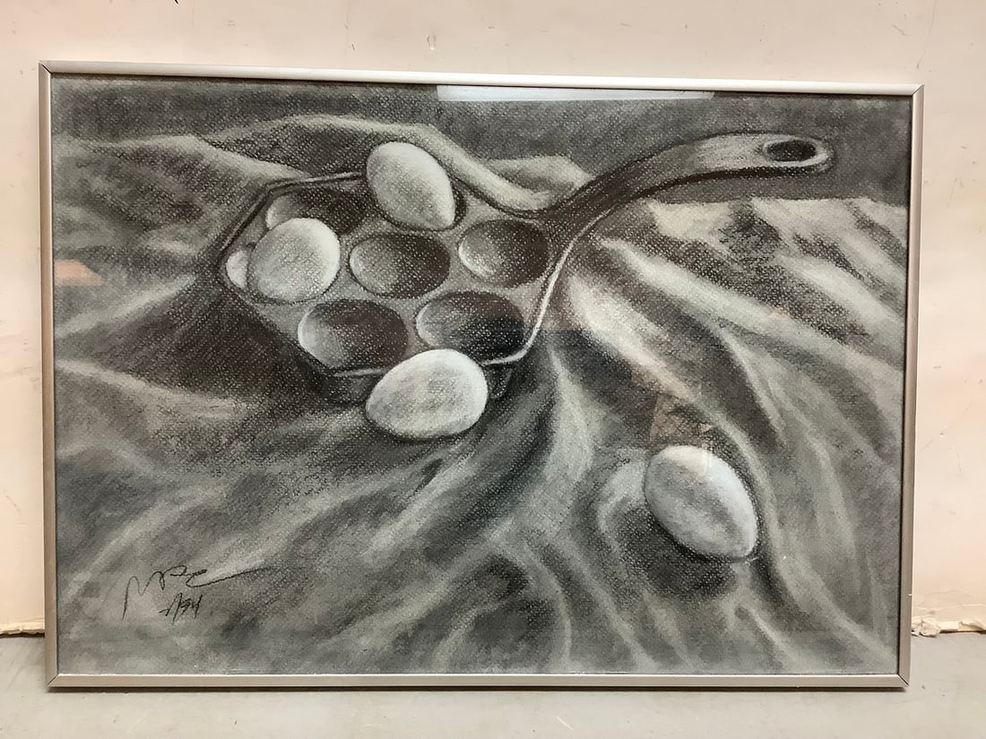 Framed black and white pastel artwork(14.25in.x20.25in.): Framed black and white pastel artwork(14.25in.x20.25in.)