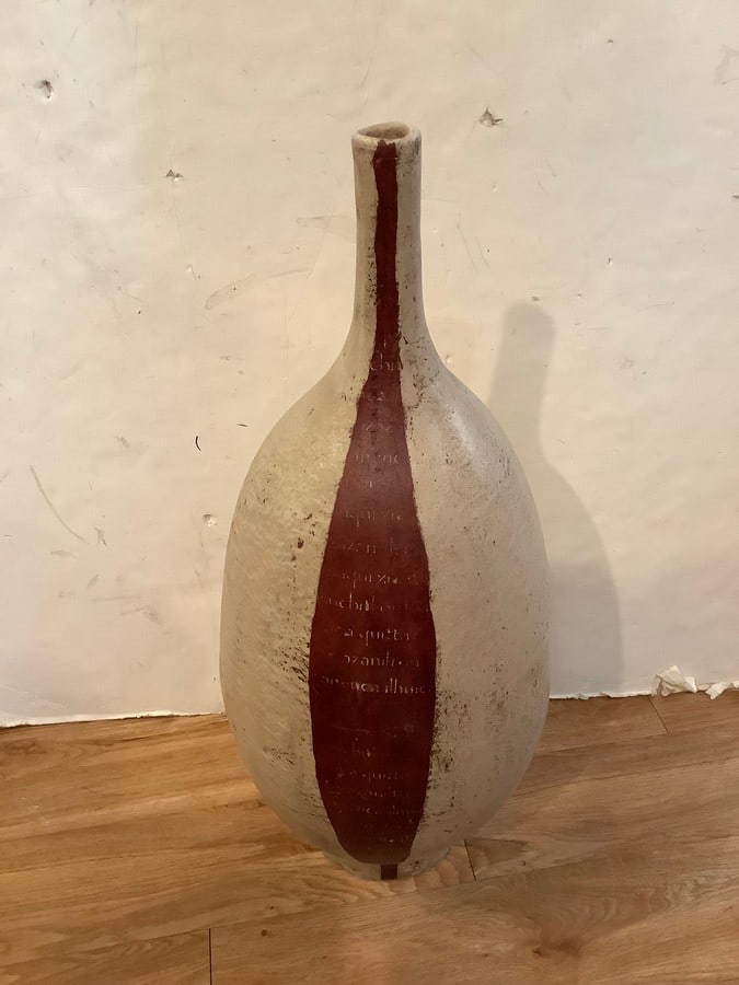 Handcarved stoneware pottery vase(32in.tall): Handcarved stoneware pottery vase(32in.tall)