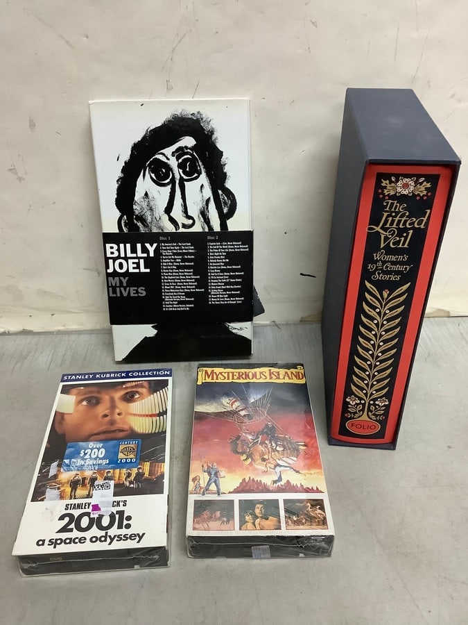 Billy Joel disc set, VCR tapes(Mysterious Island, 2001:A Space Odyssey), and The Lifted Veil women's (1 of 1)